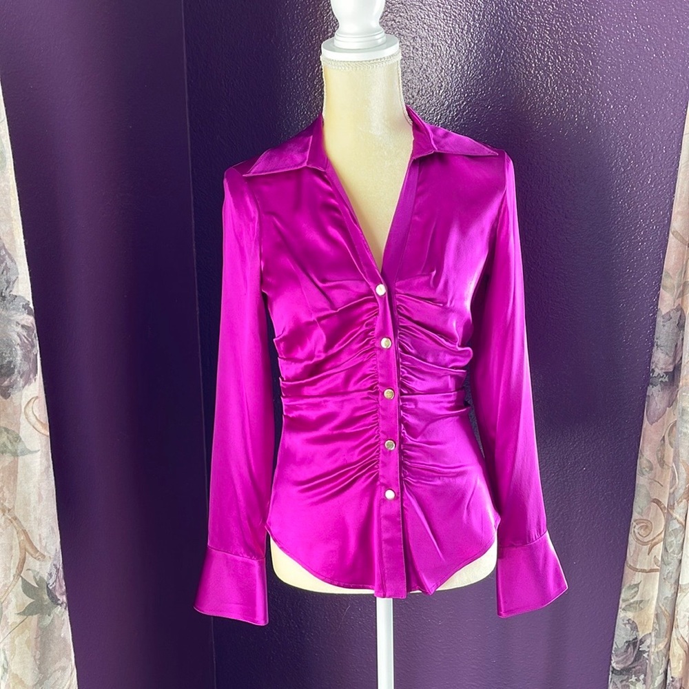 Cache Magenta Silk Ruched Blouse, Size S, preowned